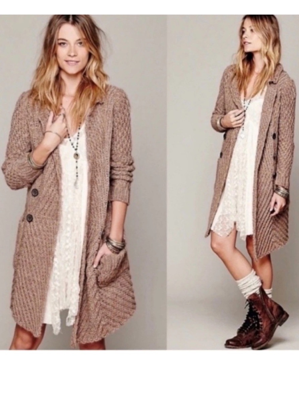 Free People Buttermilk Biscuit Long Cardigan Mushroom Small Wool Alpaca Blend